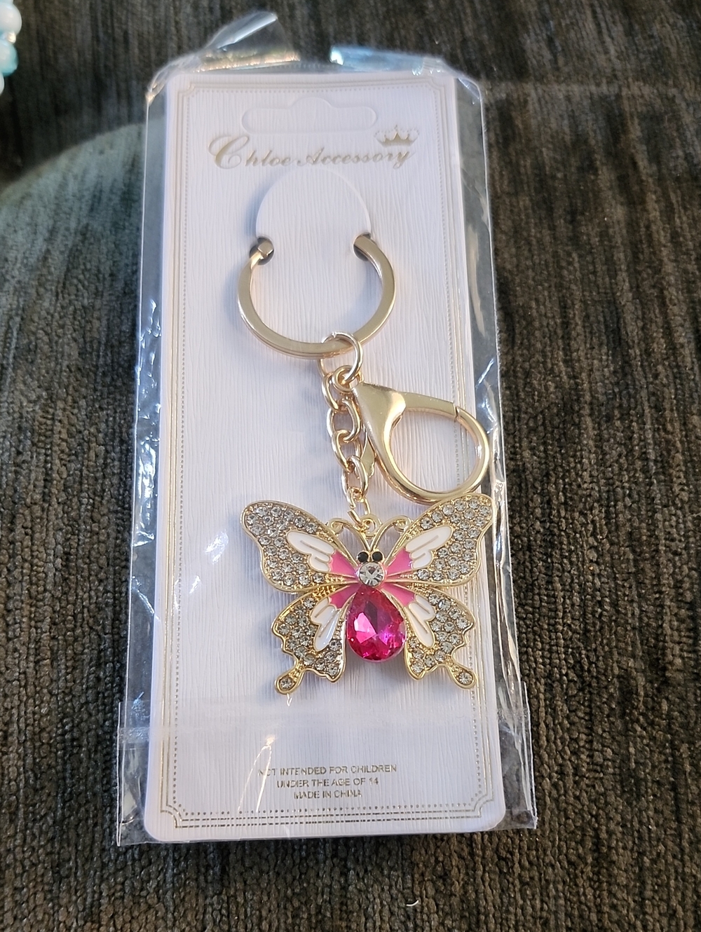 Gold-Tone Pink Butterfly Purse Charm Keychain New In Package Pink Gold White